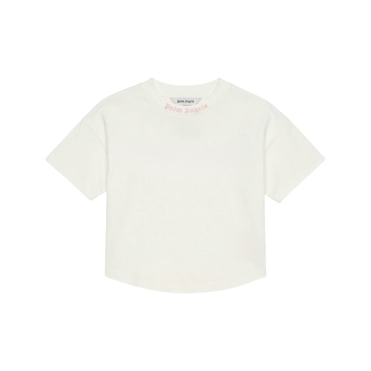 PALM ANGELS T-shirt panna con logo sul collo bambina