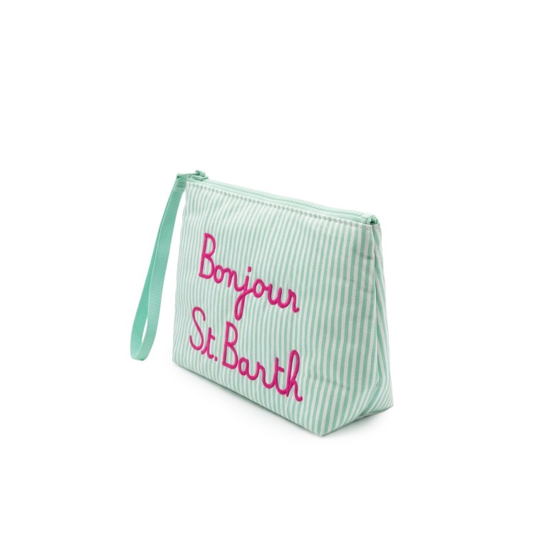 SAINT BARTH Pochette verde a righe con ricamo bambina