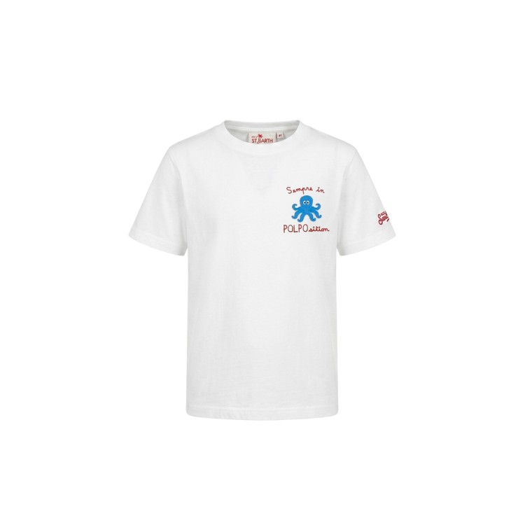 SAINT BARTH T-shirt bianca con ricamo polpo bambino