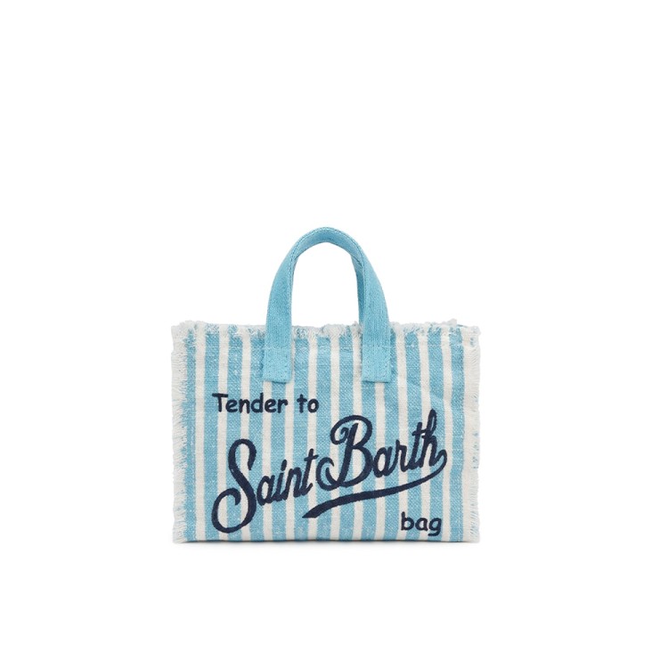 SAINT BARTH Borsa per telefono celeste a righe in lino bambina
