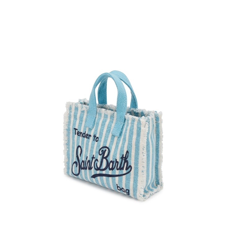 SAINT BARTH Borsa per telefono celeste a righe in lino bambina