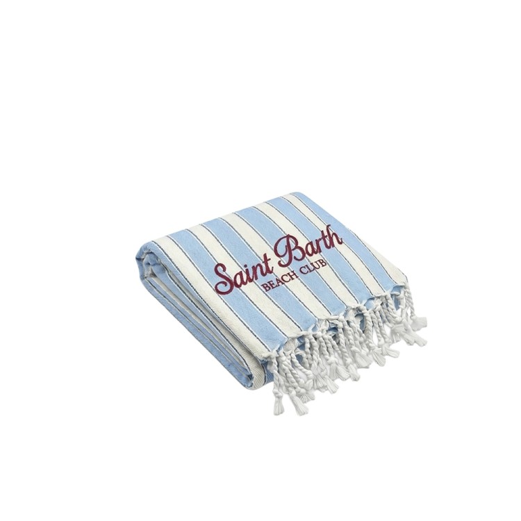 SAINT BARTH Telo mare a righe celesti con logo bambini