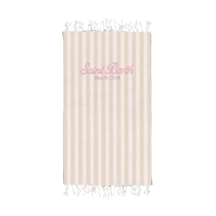SAINT BARTH Telo mare a righe beige con logo bambina