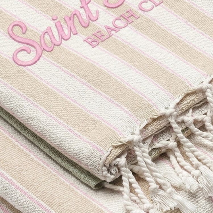 SAINT BARTH Telo mare a righe beige con logo bambina