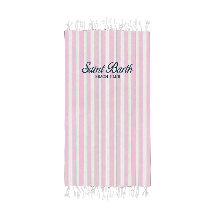 SAINT BARTH Telo mare a righe rosa con logo bambina