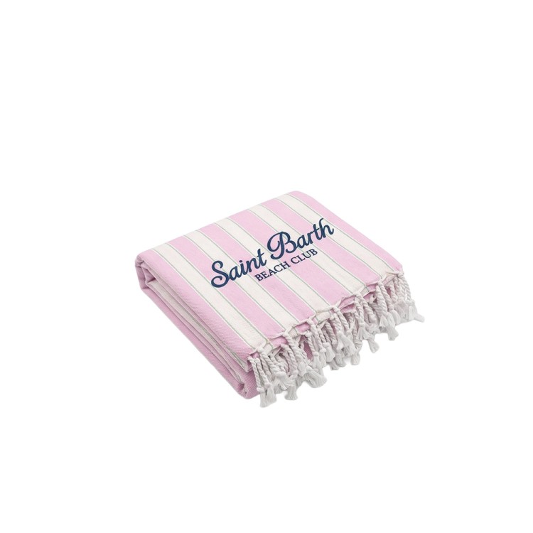 SAINT BARTH Telo mare a righe rosa con logo bambina