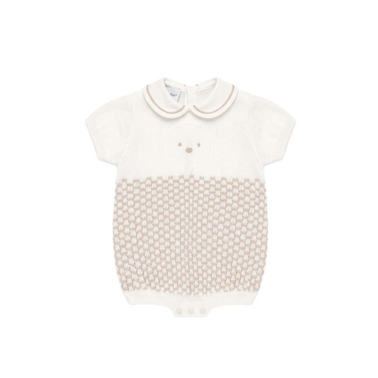 MARLU' Tutina corta bianca con ricami sabbia neonato