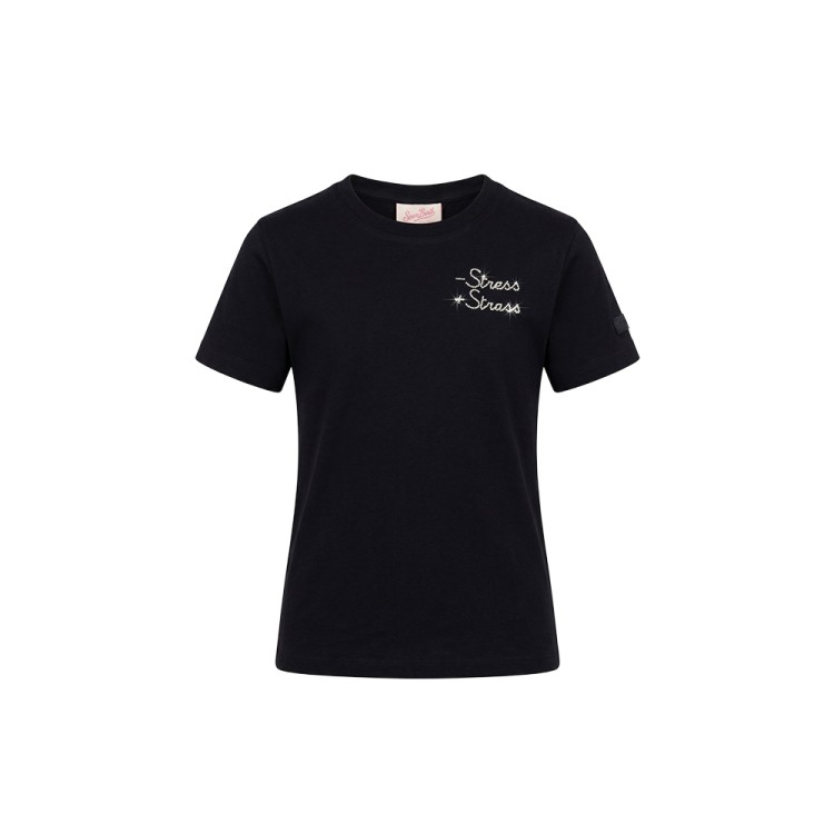 SAINT BARTH T-shirt nera con strass bambina