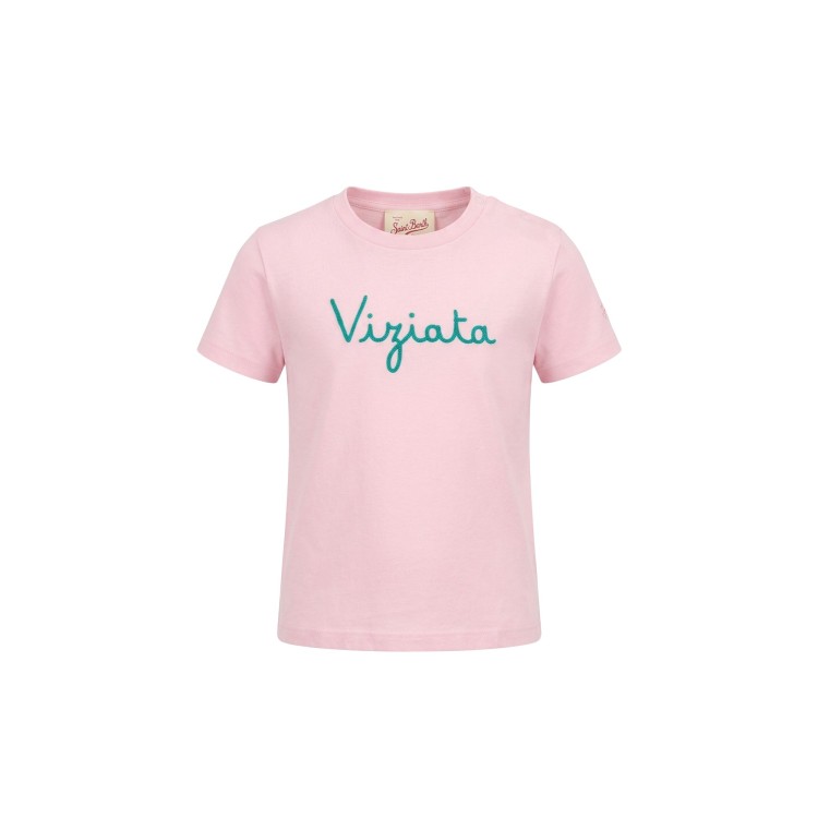 SAINT BARTH T-shirt rosa con ricamo "viziata" bambina