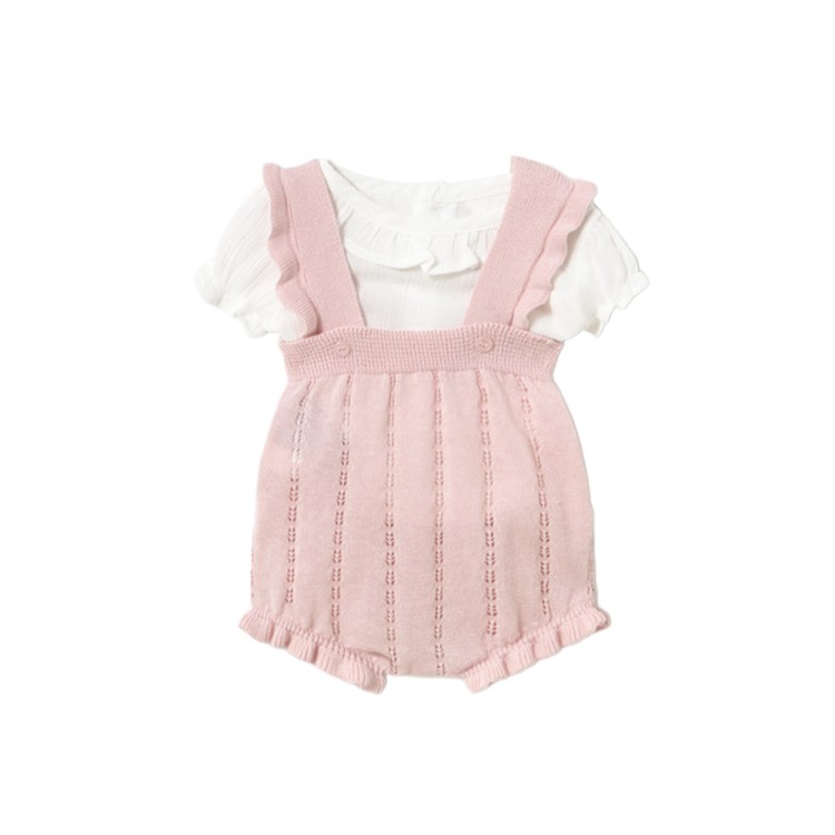 MAYORAL NEWBORN Completo rosa tricot con salopette neonata