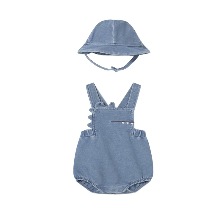 MAYORAL NEWBORN Completo in denim salopette e cappello neonata