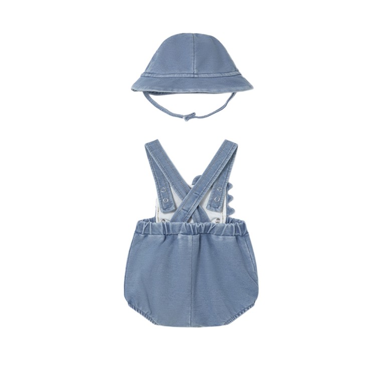 MAYORAL NEWBORN Completo in denim salopette e cappello neonata