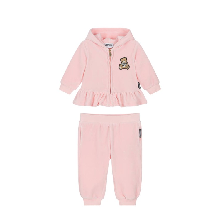 MOSCHINO Felpa e pantaloni rosa cipria in velluto neonata