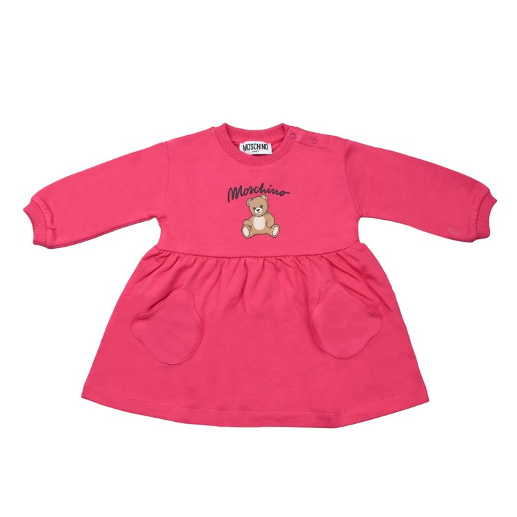 MOSCHINO Abito fucsia con orsetto e logo neonata