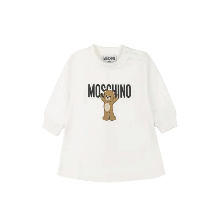 MOSCHINO Abito bianco con orsetto e logo neonata