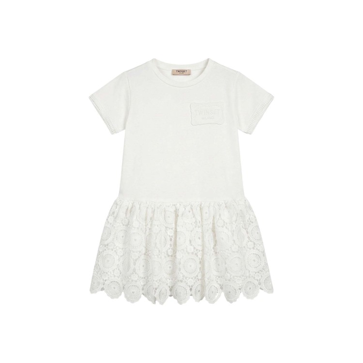TWIN-SET Abito bianco con gonna macramè bambina