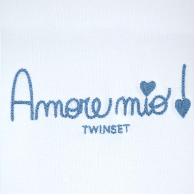 TWIN-SET T-shirt bianca con ricamo azzurro bambina