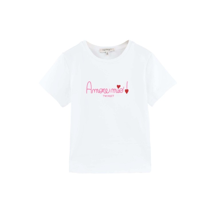 TWIN-SET T-shirt bianca con ricamo fucsia bambina