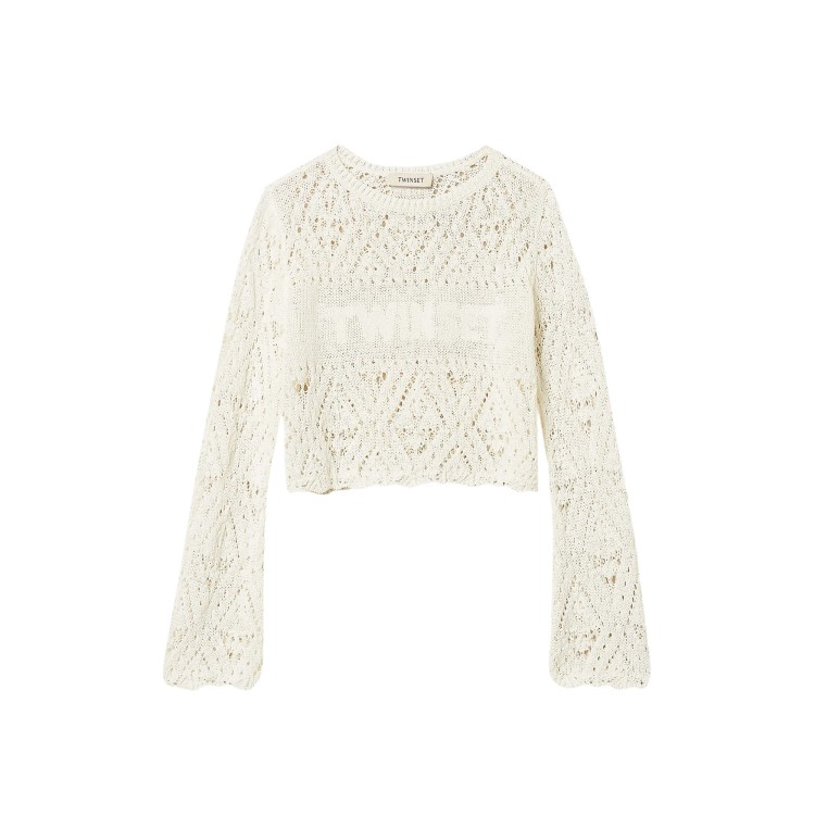 TWIN-SET Maglia panna traforata con logo bambina