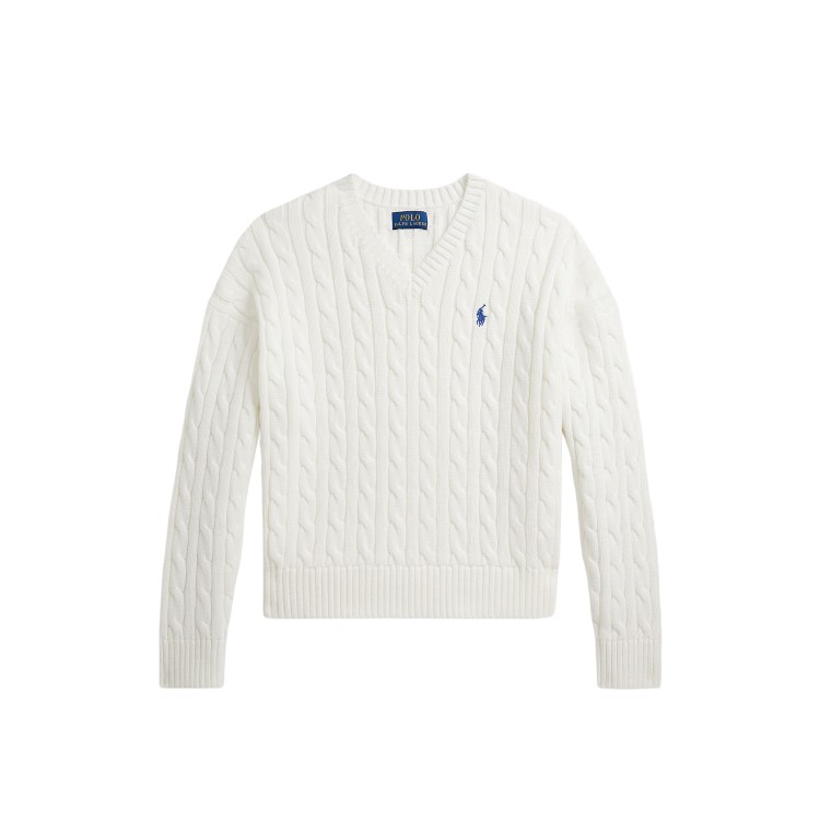 RALPH LAUREN Maglia bianca a trecce con scollo a V bambina