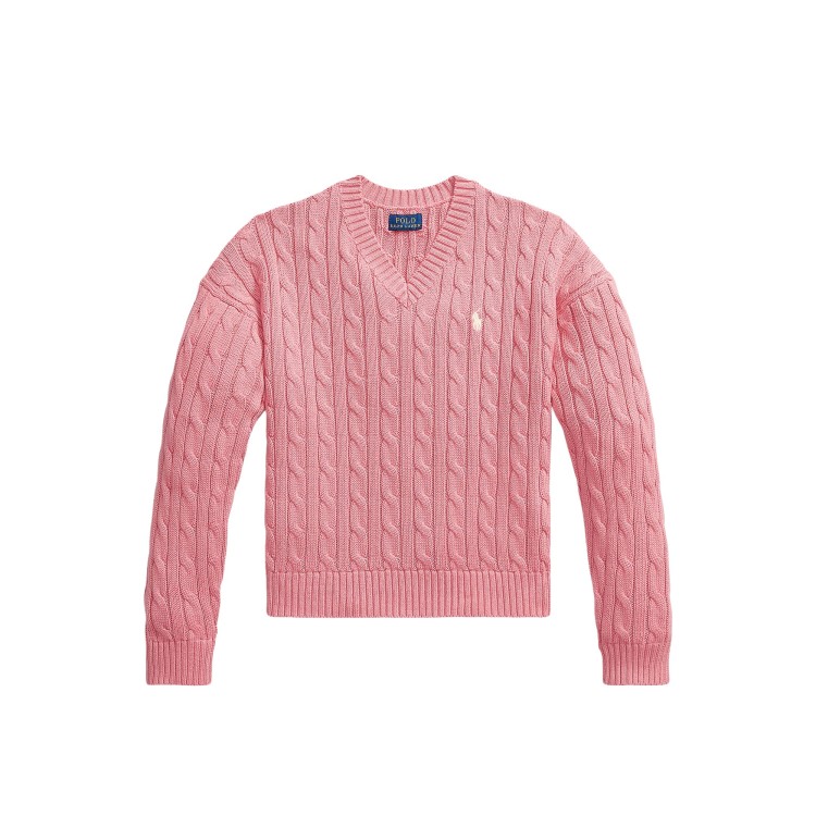 RALPH LAUREN Maglia rosa a trecce con scollo a V bambina