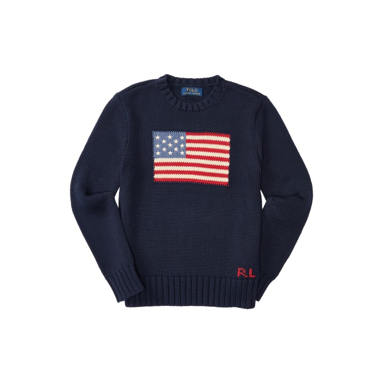 RALPH LAUREN Maglia blu navy in cotone con bandiera bambini