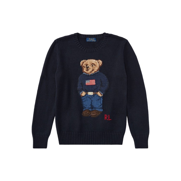 RALPH LAUREN Maglia blu navy in cotone Polo Bear bambini