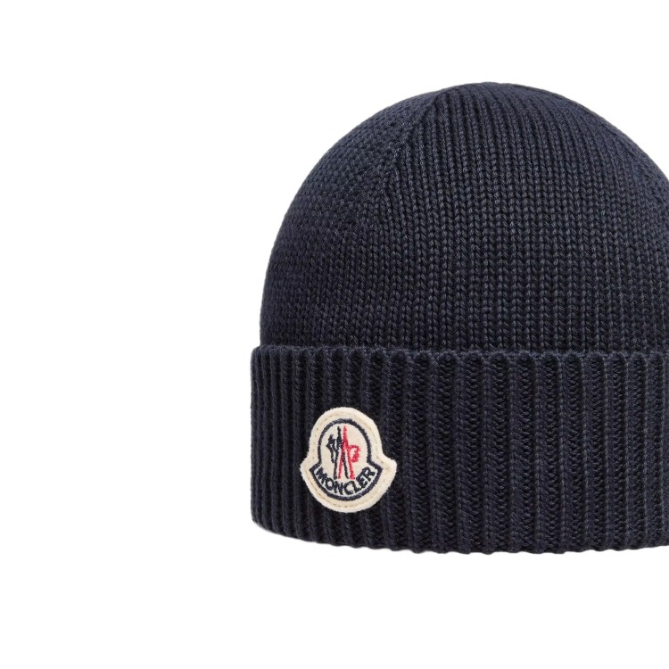MONCLER Berretto blu navy in lana patch logo neonati