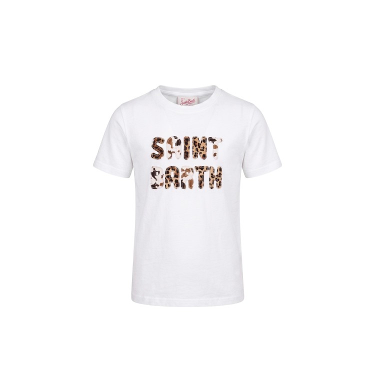 SAINT BARTH T-shirt bianca con patch logo animalier bambina
