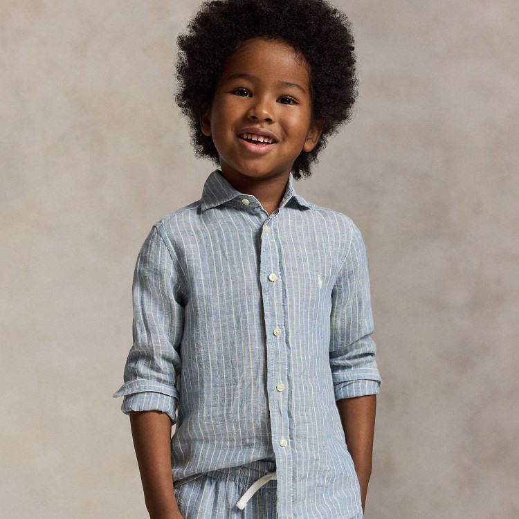 RALPH LAUREN Camicia celeste a righe in lino bambino