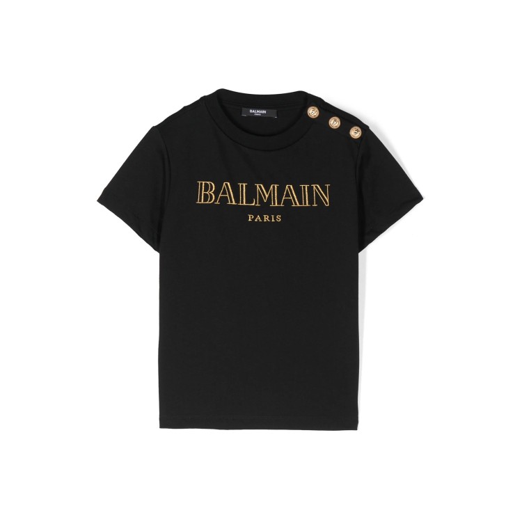 BALMAIN T-shirt nera con ricamo dorato bambina