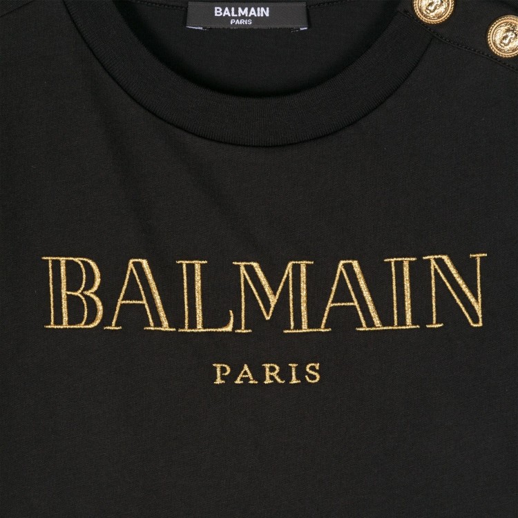 BALMAIN T-shirt nera con ricamo dorato bambina