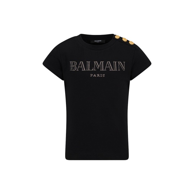 BALMAIN T-shirt nera logo strass bambina