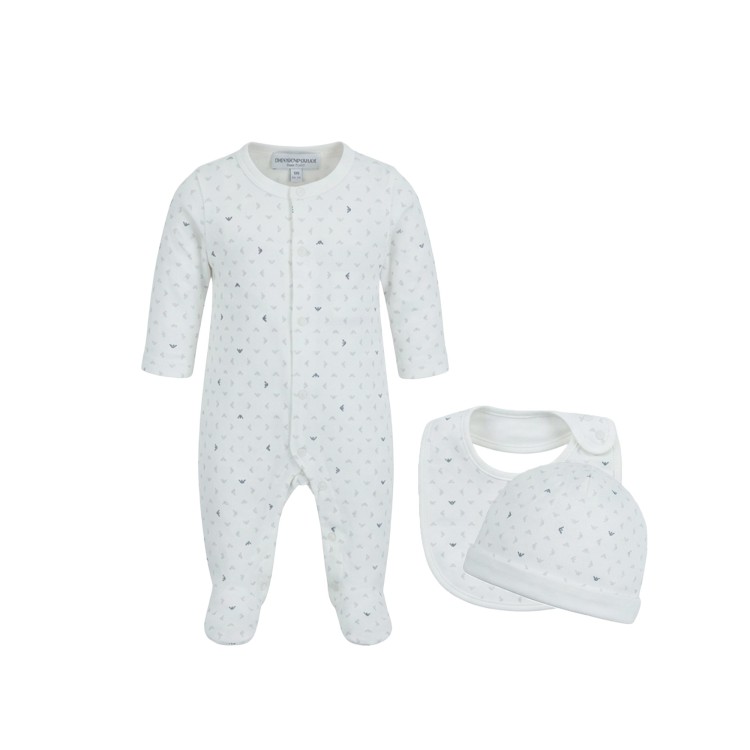 EMPORIO ARMANI Set regalo tutina, bavaglio, berretto stampate panna neonati