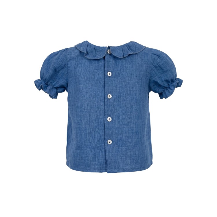LITTLE BEAR Camicia in lino con rouches azzurra neonata
