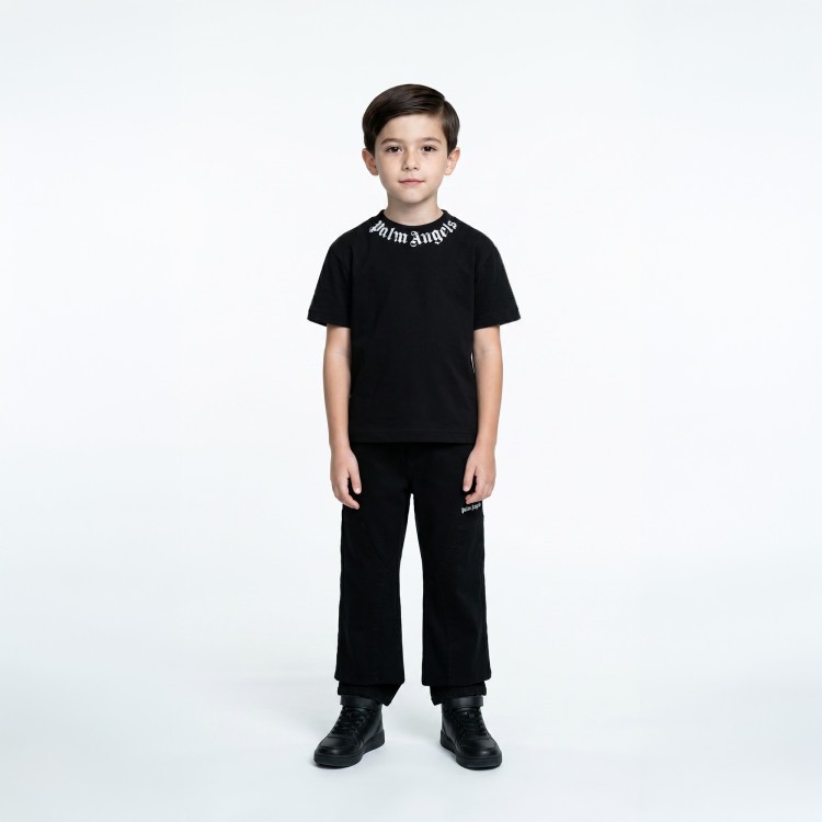 PALM ANGELS T-shirt nera con logo sul collo bambino