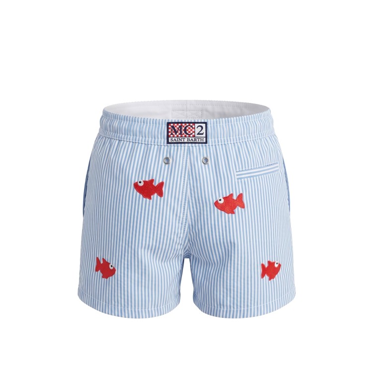 SAINT BARTH Boxer mare celesti in seersucker pesciolini bambino