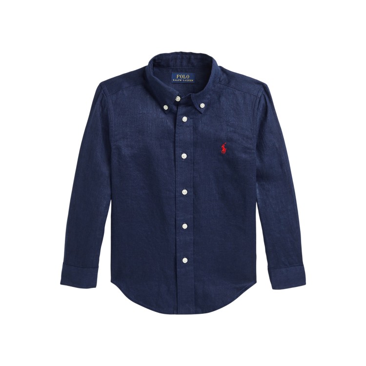 RALPH LAUREN Camicia blu navy in lino bambino