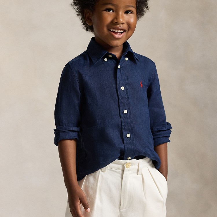 RALPH LAUREN Camicia blu navy in lino bambino