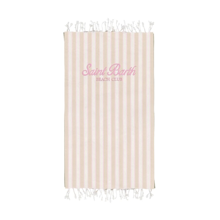 SAINT BARTH Telo mare a righe beige con logo bambina