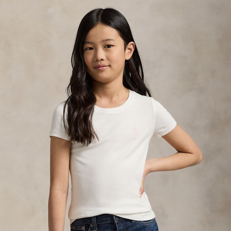 RALPH LAUREN T-shirt bianca con logo rosa bambina