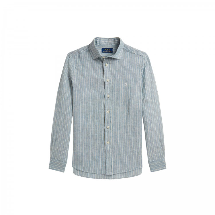 RALPH LAUREN Camicia celeste a righe lino bambino