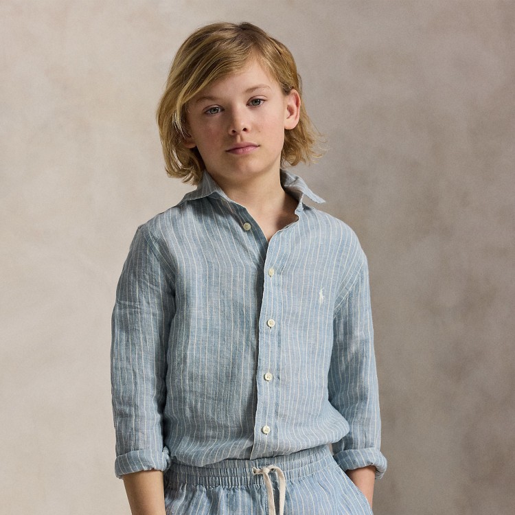 RALPH LAUREN Camicia celeste a righe lino bambino