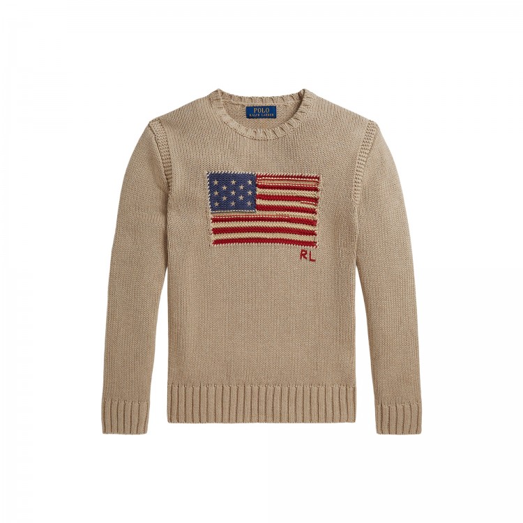 RALPH LAUREN Maglia beige in cotone con bandiera bambini