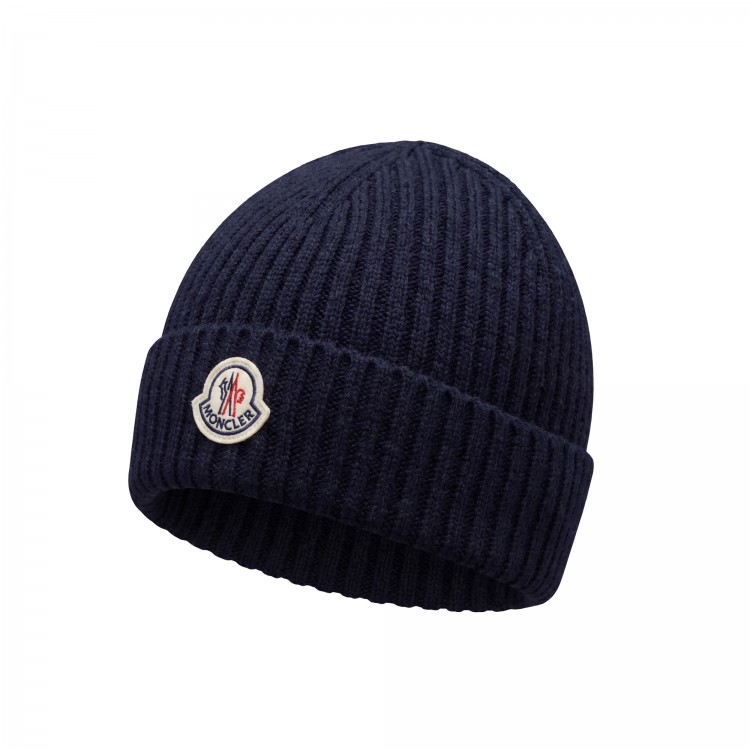 MONCLER Berretto blu navy in lana neonati