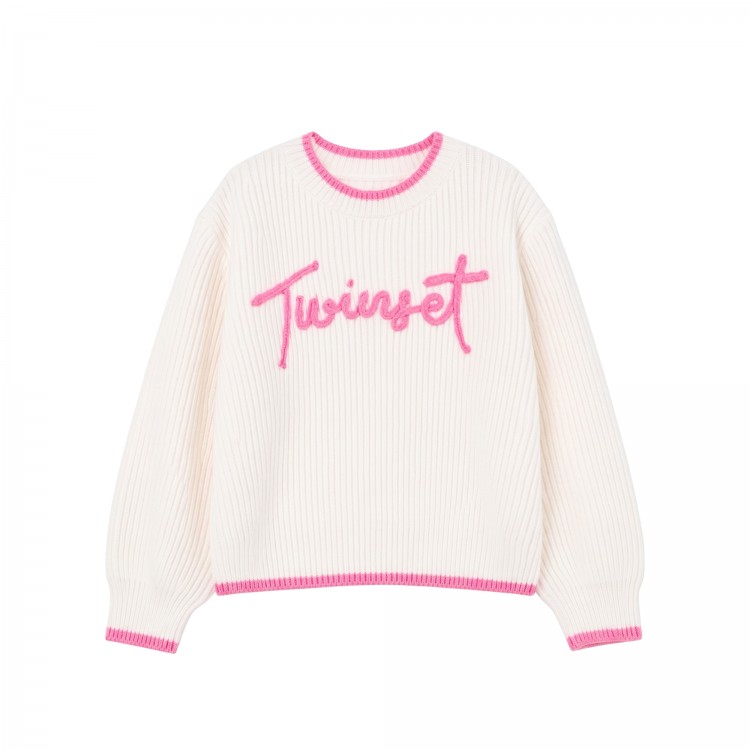 TWIN-SET Maglione panna con logo bambina