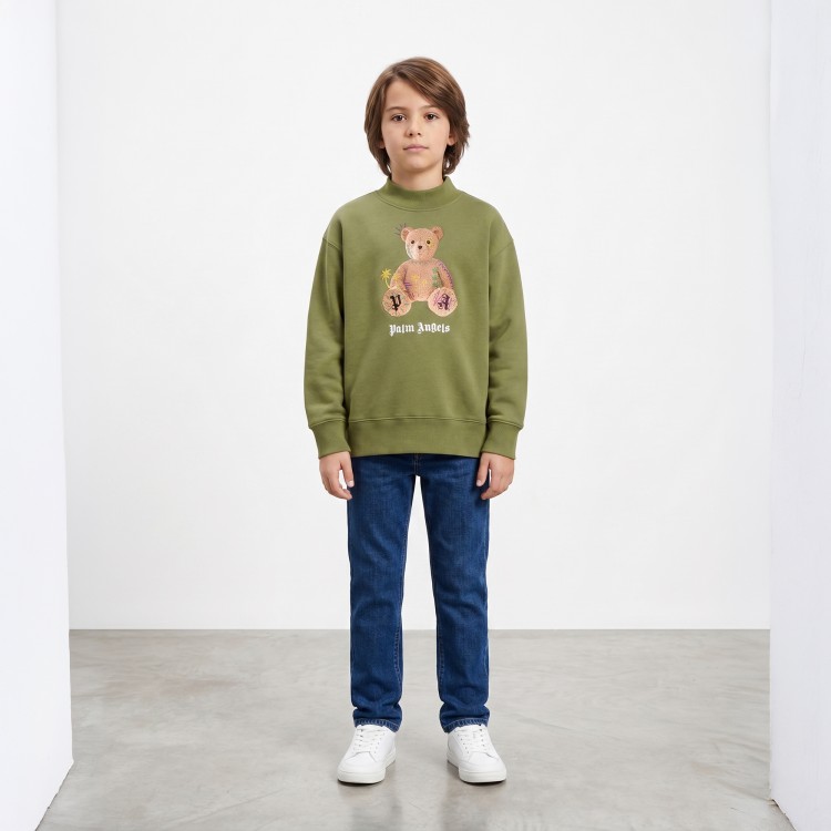 PALM ANGELS Felpa verde oliva logo Bear bambino