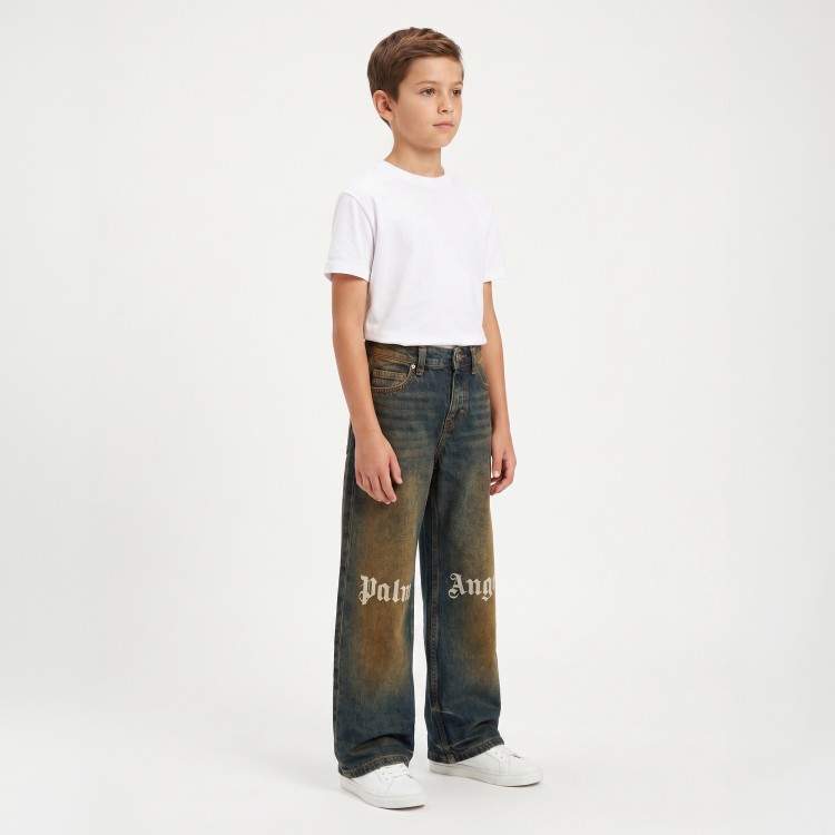 PALM ANGELS Jeans wide leg délavé bambino