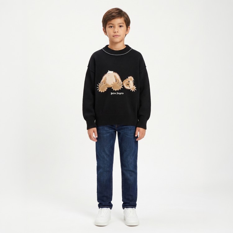 PALM ANGELS Maglione nero con teddy intarsiato bambino