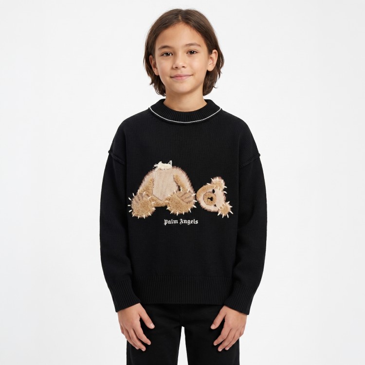 PALM ANGELS Maglione nero con teddy intarsiato bambino